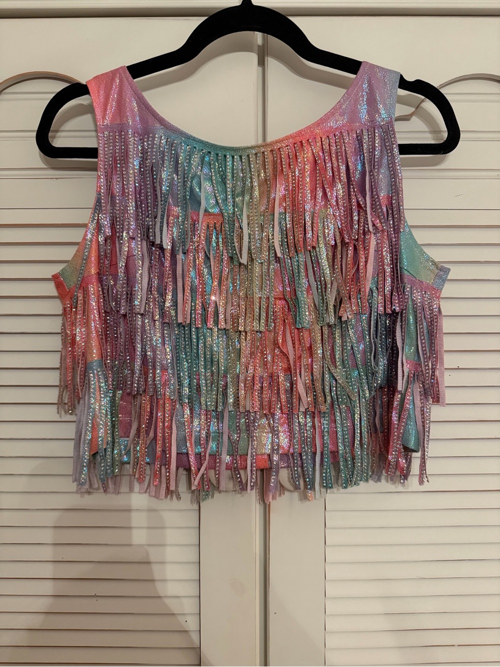 QOS Rainbow Pastel Fringe Crop Top - Women